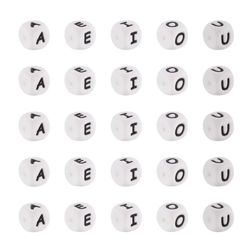 Beadthoven 50 Stück Silikon-Alphabet-Würfel-Perlen, 12 x 12 mm, quadratische Silikonperlen mit schwarzen Alphabet-Vokal-Buchstaben für DIY-Schmuck, Armband, Halskette, Loch: 2 mm von BB Beadthoven