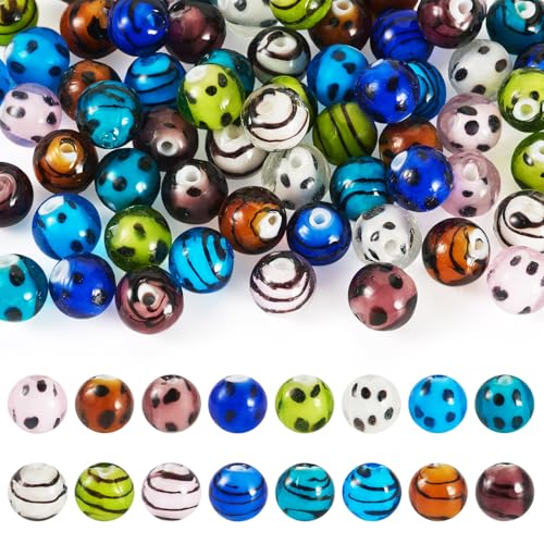 Beadthoven 64 Stück Handgemachte Lampwork Perlen 10.5mm Runde Millefiori Lampwork Glasperle mit Streifen Spot-Muster für DIY Armbänder Ketten Schmuckherstellung, Loch: 1.6mm von BB Beadthoven