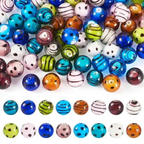 Beadthoven 64 Stück Handgemachte Lampwork Perlen 12mm Runde Millefiori Lampwork Glasperle mit Streifen Spot-Muster für DIY Armbänder Halsketten Schmuckherstellung, Loch: 1-1,7 mm von BB Beadthoven