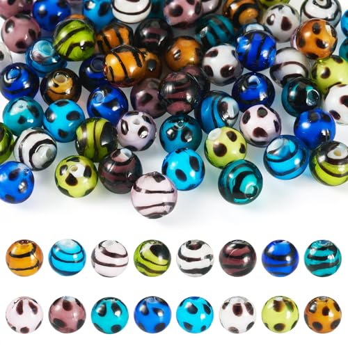 Beadthoven 64 Stück Handgemachte Lampwork Perlen 8.5mm Runde Millefiori Lampwork Glasperlen mit Streifen Spot-Muster für DIY Armbänder Halsketten Schmuckherstellung, Loch: 1-1,9 mm von BB Beadthoven