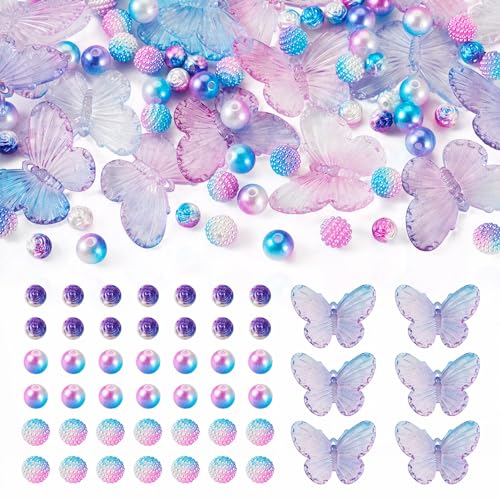 Beadthoven Acrylperlen, blau, lila, Schmetterling, Rose, runde Beeren, Kunstperlen, Großpackung für DIY-Armbänder, Halsketten, Schlüsselanhänger, Schmuckherstellung, Loch: 1 ~ 2 mm, 100 Stück von BB Beadthoven