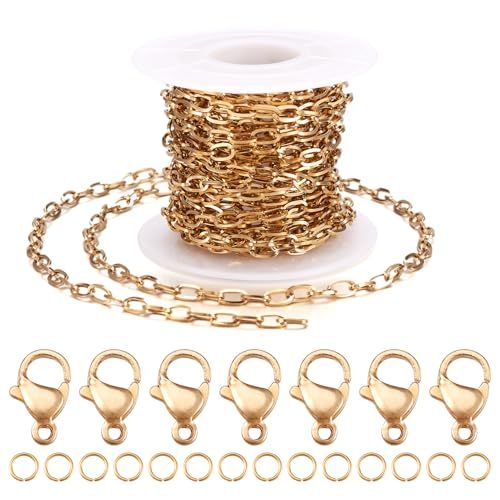 Beadthoven Büroklammerketten aus Edelstahl für Schmuckherstellung, 18 Karat vergoldet, flach, oval, Schmuckketten mit Karabinerverschlüssen, Biegeringe für selbstgemachte Halsketten, Armbänder, 4 m, 4 von BB Beadthoven