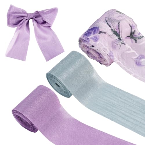 Beadthoven Chiffonband mit Blumendruck, 40 - 50 mm breit, Blumenmuster, Nylon, dekoratives Band für Hochzeit, Brautsträuße, Geschenkverpackung, 12,7 m, Violett / Grün von BB Beadthoven