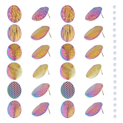 Beadthoven Edelstahl-Ohrstecker mit Schlaufe, hypoallergen, regenbogenbeschichtet, strukturiert, oval, mit Ohrring-Verschlüssen, Ohrsteckern für Schmuckherstellung, 24 Stück von BB Beadthoven