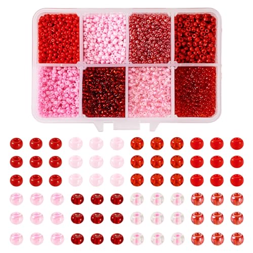 Beadthoven Glas-Rocailles, 160 g, 2 mm, Mini-glänzende runde Glasperlen, winzige Pastell-Rocailles, Bastelperlen für DIY-Armbänder, Halsketten, Ohrringe, Basteln, Rosa und Rot von BB Beadthoven