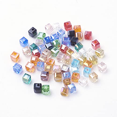 Beadthoven Glasperlen würfelförmig, 100 Stück, facettierte Kristallperlen, quadratische Perlen, mit AB-Farbbeschichtung, 4 mm, für Schmuckherstellung, Basteln, Loch: 1 mm, zufällige Farbauswahl von BB Beadthoven