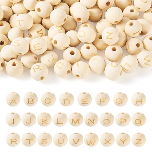 Beadthoven Holzperlen mit 26 Buchstaben, 14 mm, unlackiert, europäische Perlen, rund, mit Buchstaben A-Z, großes Loch, Holzperlen für Schmuckherstellung, Perlenbedarf, Loch: 4 mm, 104 Stück von BB Beadthoven