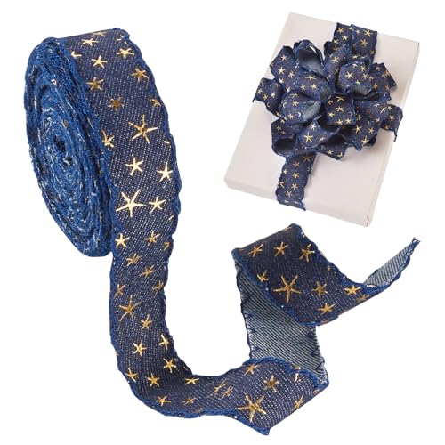 Beadthoven Jeansstoffband, Polyester, 3D-Goldfolie, Sternprägung, Jeansband, verdrahtet, Nähband für Kleidung, Nähen, Weihnachtsverzierung, Nachtblau, 4,5 m von BB Beadthoven