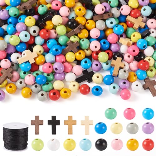 Beadthoven Kreuz, runde Holzperlen, DIY-Kits mit Kordel, 415 Stück, undurchsichtige Kruzifix-Perlen, bunte, lose Abstandshalter-Perlen für DIY-Armbänder, Halsketten, Schmuckherstellung von BB Beadthoven