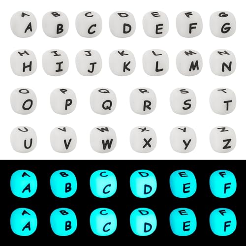 Beadthoven Leuchtende Silikon-Buchstabenperlen, 12 x 12 mm, quadratisch, Alphabet A ~ Z, leuchtet im Dunkeln, Silikonperlen für DIY-Armbänder, Halsketten, Schmuckherstellung, 2,5 mm Loch, 52 Stück von BB Beadthoven