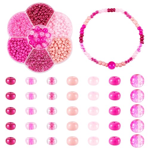 Beadthoven Mini-Glasperlen, 90 g, rosa Rocailles, mit 22 Stück, 8 mm, rund, rissige Perlen für DIY-Armbänder, Halsketten, Schmuckherstellung von BB Beadthoven