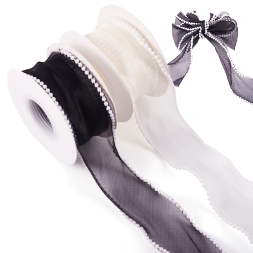 Beadthoven Organza-Chiffonband, 40 mm, Polyester-Kunststoffperlen, Drahtrand, durchscheinendes Chiffonband für Schleife, Kränze, Blumenstrauß, Dekoration, Weiß und Schwarz, 2 Rollen von BB Beadthoven