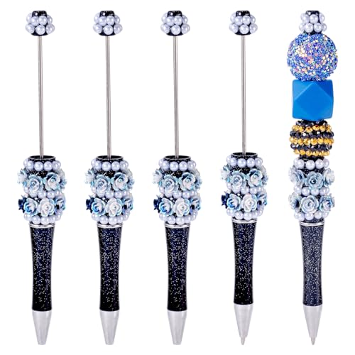 Beadthoven Perlen-Kugelschreiber, 1 mm, Perlen-Rollerball, Kunststoff, Perlenstifte mit Kunstharz, Blume, Dec für DIY, personalisierter Perlenstift, Büro, Schulbedarf, Schwarz, 5 Stück von BB Beadthoven