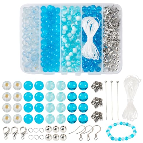 Beadthoven Runde Glasperlen, Schmuckherstellungs-Set mit Ohrringhaken, Sprungring, Perlenkappen, Kopfnadeln, Kristallfaden für Armband, Halskette, Ohrringe, Himmelblau, 200 Stück von BB Beadthoven