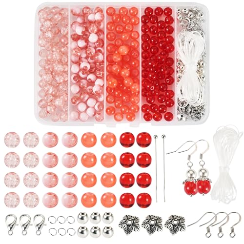 Beadthoven Runde Glasperlen, Schmuckherstellungs-Set mit Ohrringhaken, Sprungring, Perlenkappen, Kopfnadeln, Kristallfaden für Armband, Halskette, Ohrringe, Rot, 200 Stück von BB Beadthoven