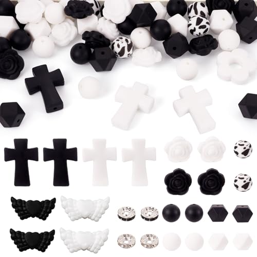 Beadthoven Silikon-Perlen für Stifte, Engelsflügel-Kreuz-Fokal-Perlen für Stifte, Strass, Abstandshalter, Perlen, schwarz-weiße Blume, Silikonperlen für Schlüsselanhänger, Armbänder, von BB Beadthoven