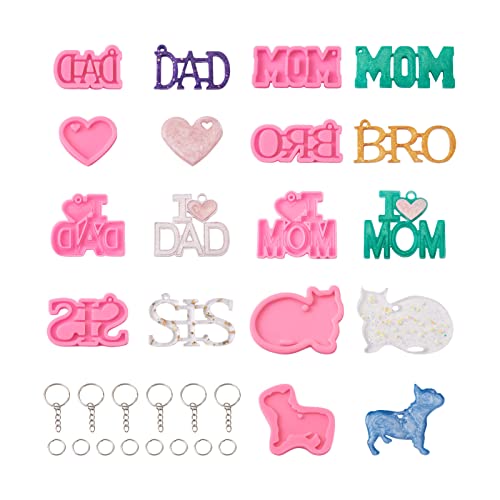 Beadthoven Silikonformen Keychian Miking Kits 9 Stück Hot Pink Mom Dad Epoxidharz Form mit Schlüsselringen Offene Biegeringe für Muttertag Vatertag Epoxidharz Handwerk Herstellung von BB Beadthoven