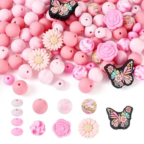 Beadthoven Silikonperlen Schmetterling mit Blume, 15 mm, runde Rondelle-Perlen, niedliche rosa Perlen für DIY-Halsketten, Armbänder, Perlenstifte, Schlüsselanhängerherstellung, 96 Stück von BB Beadthoven