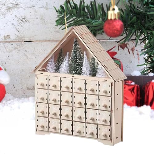 Weihnachts-Adventskalender aus Holz mit 24 Schubladen und LED-Lichtern, wiederverwendbarer Countdown-Adventskalender mit Baumszene, 2025 Weihnachtsdekoration von BBASILIYSD