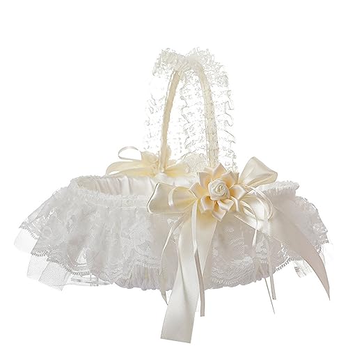 BBTISG Hochzeit Blumenmädchen Korb, Satin Hochzeit Blumenmaedchen Korb Weiß Hochzeit Blumenkorb mit Spitze, Bowknot Dekor für Hochzeit Wohnkultur von BBTISG