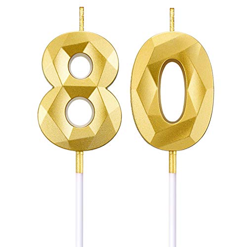 80.Geburtstag Zahlen Kerzen Geburtstagskerzen Zahlen 80 Number 80 Kuchen Topper Dekoration 3D Diamant Form Kuchen Kerzen für Geburtstag Hochzeit Jahrestag Feier Zubehör, Gold von BBTO