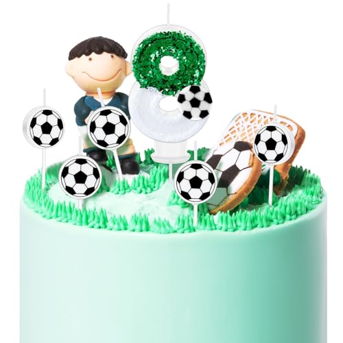 BBTO 6 Stück Fußball Kuchenkerzen Set Enthalten 1 Grüne Pailletten Fußball Geburtstags Zahlenkerze 5 Schwarz Weiße Fußball Geburtstagskerzen Cupcake Kerzen Topper (Nummer 8) von BBTO