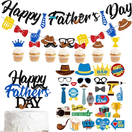 BCEDIGAD Vatertag Party Dekorationen 37 Stück,Vatertag Foto Requisiten Happy Father's Day Cake Topper Banner Mit Hut Schnurrbart Bier Fliege Krawatte Cupcake Topper Für Vatertag Party Festival Zubehör von BCEDIGAD