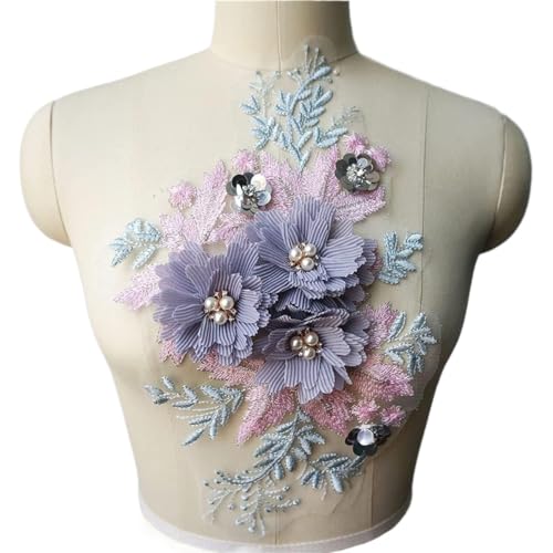 BCJMKDX Kleidungsapplikationen. 3D Blumen Perlen Strass Spitze Stoff Bestickt Hochzeitskleid Applikationen Nähen Patch for Kleid DIY Dekoration(Purple) von BCJMKDX