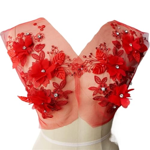 BCJMKDX Kleidungsapplikationen. 3D-Blumen-Spitzenstoff, Perlen, Strass, bestickte Kleid-Applikationen, Aufnäher for Hochzeitsdekoration, Kleid, DIY(Red) von BCJMKDX