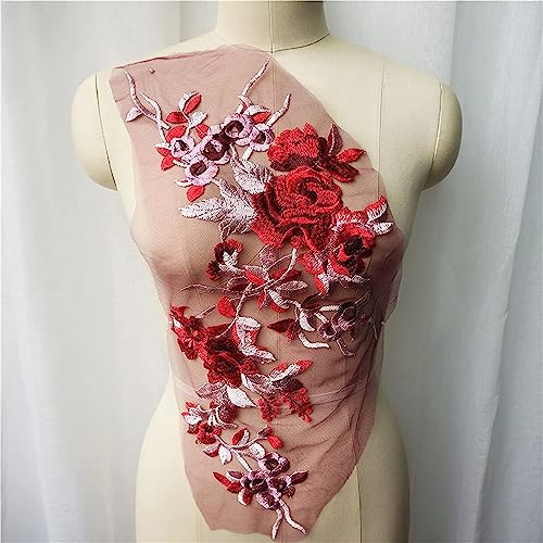 BCJMKDX Kleidungsapplikationen. Graue bestickte Blumen-Spitzenstoff-Applikationen, Kragen, Netzstoff, Aufnäher for Hochzeitskleid, Dekoration, Kleid, DIY(Red) von BCJMKDX