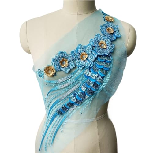 BCJMKDX Kleidungsapplikationen. Himmelblauer Blumen-Spitzenstoff, Pailletten-Quasten, bestickte Kleid-Applikationen, Kragen, Netz, Nähen, Aufnäher for Hochzeit, Dekoration, Kleid, DIY von BCJMKDX