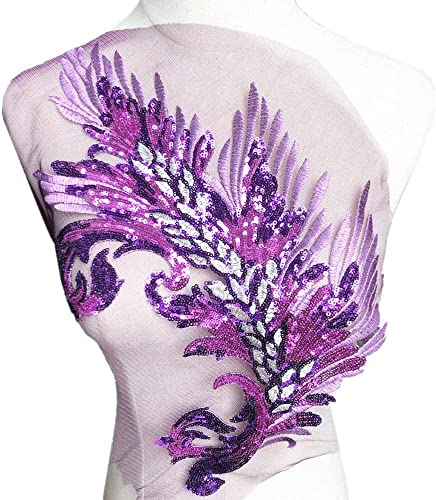 Kleidungsapplikationen. Pailletten Feder Stickerei Blume Stoff Spitze Applikation Netzbesatz Nähmotiv Hochzeitskleid Braut DIY Handwerk(Purple) von BCJMKDX