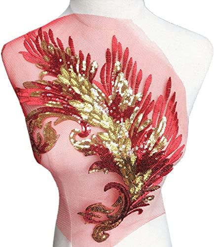 Kleidungsapplikationen. Pailletten Feder Stickerei Blume Stoff Spitze Applikation Netzbesatz Nähmotiv Hochzeitskleid Braut DIY Handwerk(Red) von BCJMKDX