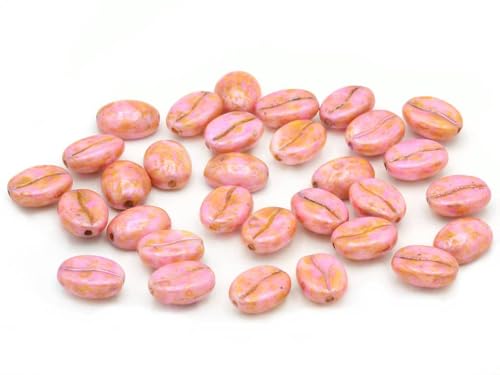 15 pcs Coffee Bean Beads, Chalk White Pink Beige Luster Spotted (03000-65323), Glass, Czech Republic von BCV Glass