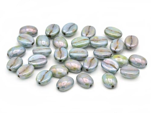 15 pcs Coffee Bean Beads, Chalk White Stain With Luster Blue (03000-65431), Glass, Czech Republic von BCV Glass