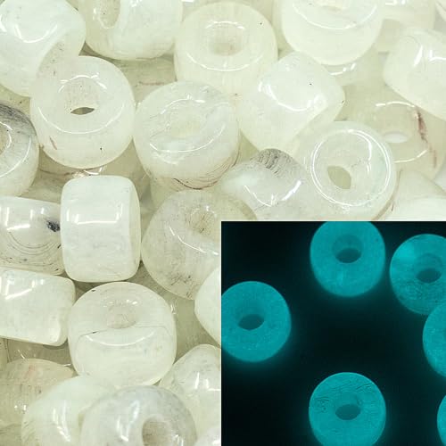 34 pcs (25g) Glow in the Dark (Blue) Pony Round Big-hole glass beads, 9mm with big hole 2 mm, Czech Republic, Dirty White von BCV Glass