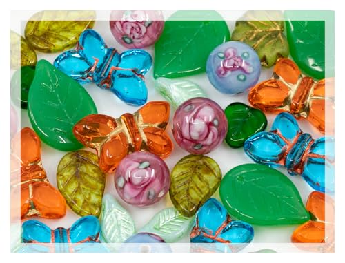 40 g Czech Glass Bead Mix with Table Cut Butterfly, Lampwork with Flowers and Leaf Beads, Orange Blue Green von BCV Glass