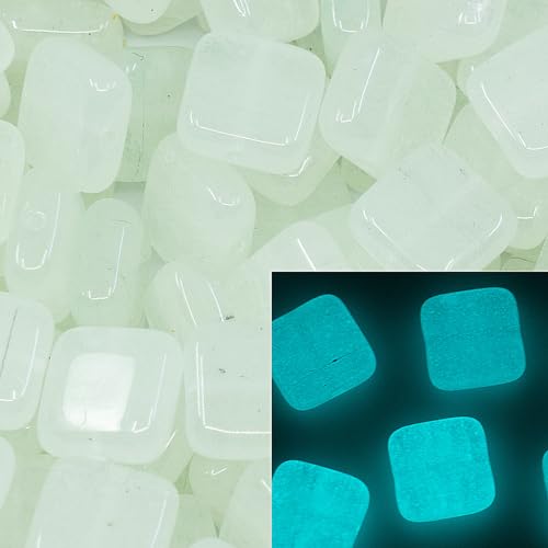 45+ pcs (25g) Tile Square 1-hole glass beads, 0.35 inch (9x9mm), Czech Republic, Dirty White - Glow in the Dark Bright Blue von BCV Glass