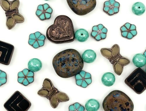 45+ pcs (60g) Focal Czech Glass Bead Mix with Table-Cut Turquoise UV active Flowers and Butterfly Beads, Bronze PG Turqouise Brown von BCV Glass