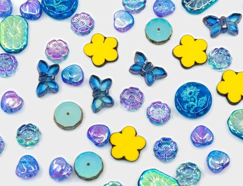 50+ pcs (60g) Focal Czech Glass Bead Mix with Table-Cut Flower and Butterfly Beads, containes UV actibe beads, Yellow Aqua PG Blue von BCV Glass