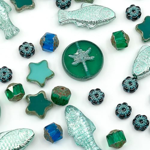 50+ pcs (60g) Focal Czech Glass Bead Mix with Table-Cut Star Beads, Dragonfly Beads & Fish Beads, Blue Aqua PG Green von BCV Glass