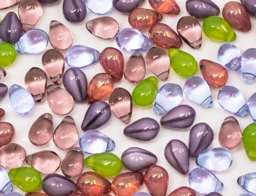 60+pcs (25g) Teardrop Pear Czech Glass Beads, 6x9mm, Purpe Lavender Green Mix von BCV Glass