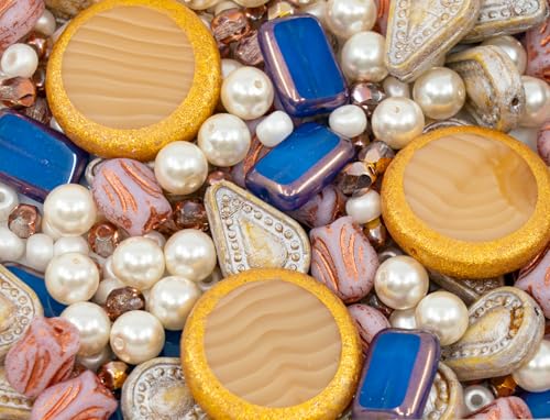 60 g (100+ pcs) Glass Bead Mix with Round Glass Pearls, Filigree Teardrops and Fresca Czech Beads, Beige Starlight von BCV Glass