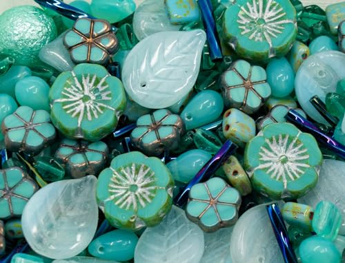 60 g Mix Czech Bohemia Glass Pressed & Faceted Fire Polished Beads & Leaves & Table-Cut Garland Flowers, Contains UV Active Beads, Green Blue Turquoise von BCV Glass