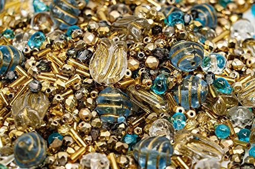 60 g Mix of Czech Bohemia Glass Pressed & Faceted Fire Polished Beads, Aztec Pale Gold Crystal Blue von BCV Glass