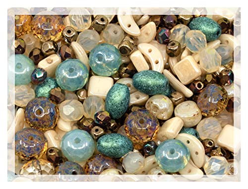 60 g Mix of Czech Bohemia Glass Pressed & Faceted Fire Polished Beads, Blue Luster Beige von BCV Glass