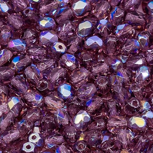 600 pcs Faceted Round Fire Polished Czech Glass Beads, 4 mm, 50 g, Amethyst AB Violet Purple von BCV Glass