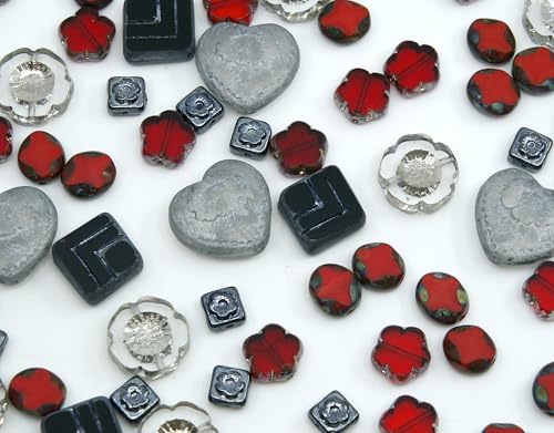 65+ pcs (60g) Focal Glass Bead Mix with Table-Cut Hawaii Flowers and Heart with Rose Beads, Gray Silver PG Red von BCV Glass