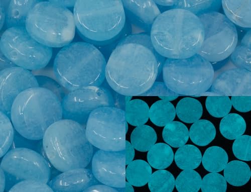 70+ pcs Glow in the Dark (Blue) Flat Round Coin 1-hole glass beads (25g), 8mm, Czech Republic, Dirty Blue von BCV Glass