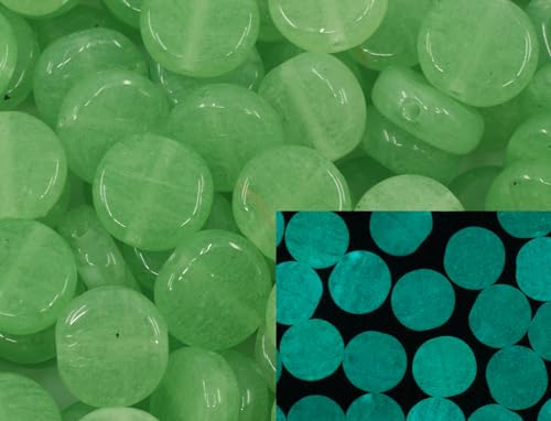 70+ pcs Glow in the Dark (Blue) Flat Round Coin 1-hole glass beads (25g), 8mm, Czech Republic, Dirty Bright Green von BCV Glass